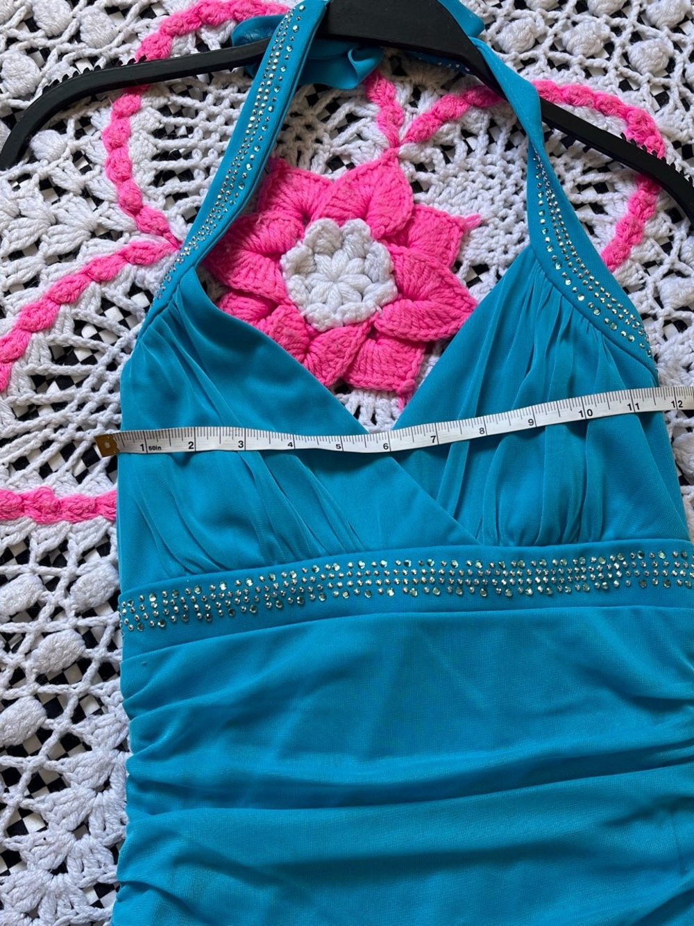 Y2k Turquoise Halter-Back High-Low Fairy  Dress with Rhinestone Accents - Picture 5 of 8